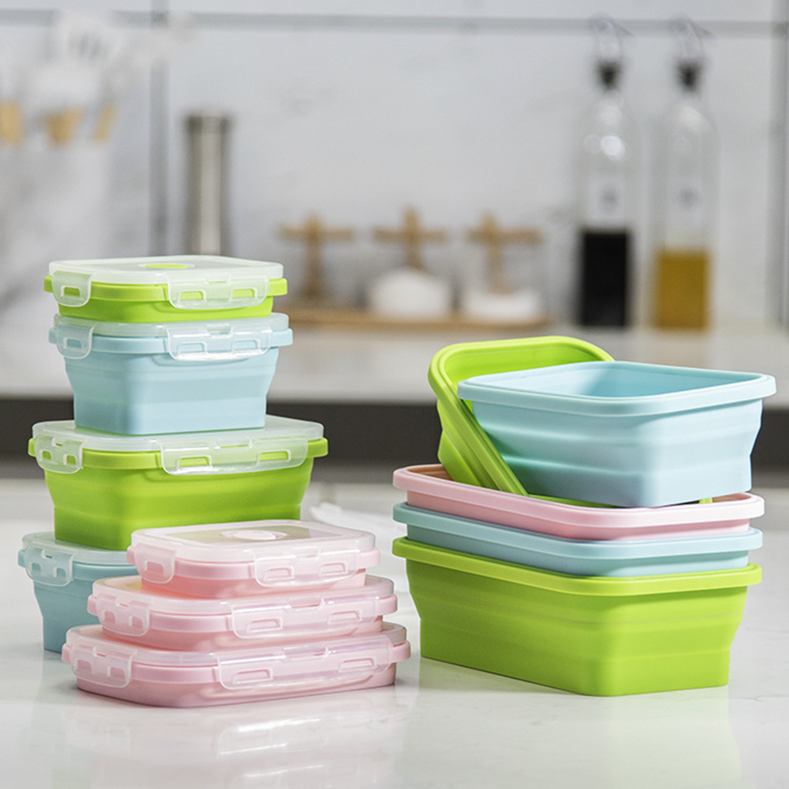 Bento Box - シリコン製ランチボックス 食品グレード 折りたたみ式容器 電子レンジ対応 ポータブル弁当箱 オフィス