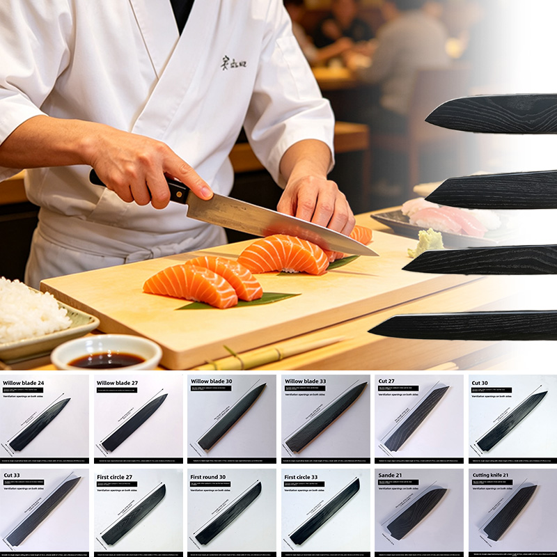 Japanese Knife - 黒漆塗りのアッシュウッド製サヤナイフシース、サキマル、キリツケ、三徳、牛刀、日本の寿司シェフナイフ用木製刃物カバー