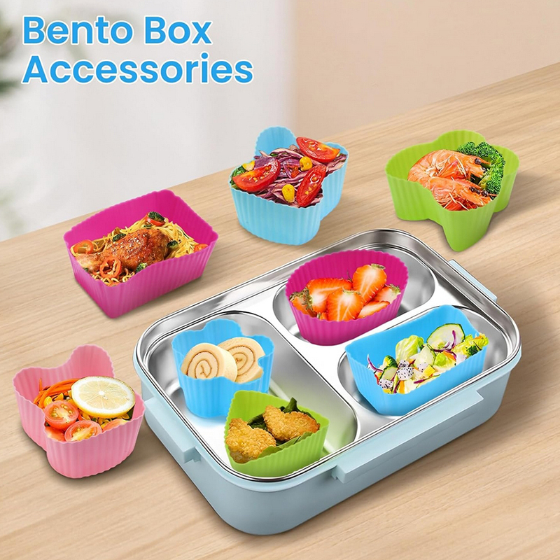 Bento Box - 8 個のシリコンランチボックスディバイダー子供用キッズスクールフードディバイダー弁当箱用シリコンカップケーキライナーモールドベーキングツール。