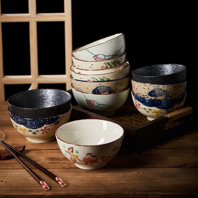 Japanese Pottery - 5インチ和風セラミックライスボウル、厚みのある耐熱性、高足ボウル、クリエイティブな模様のアート食器、キッチン用品
