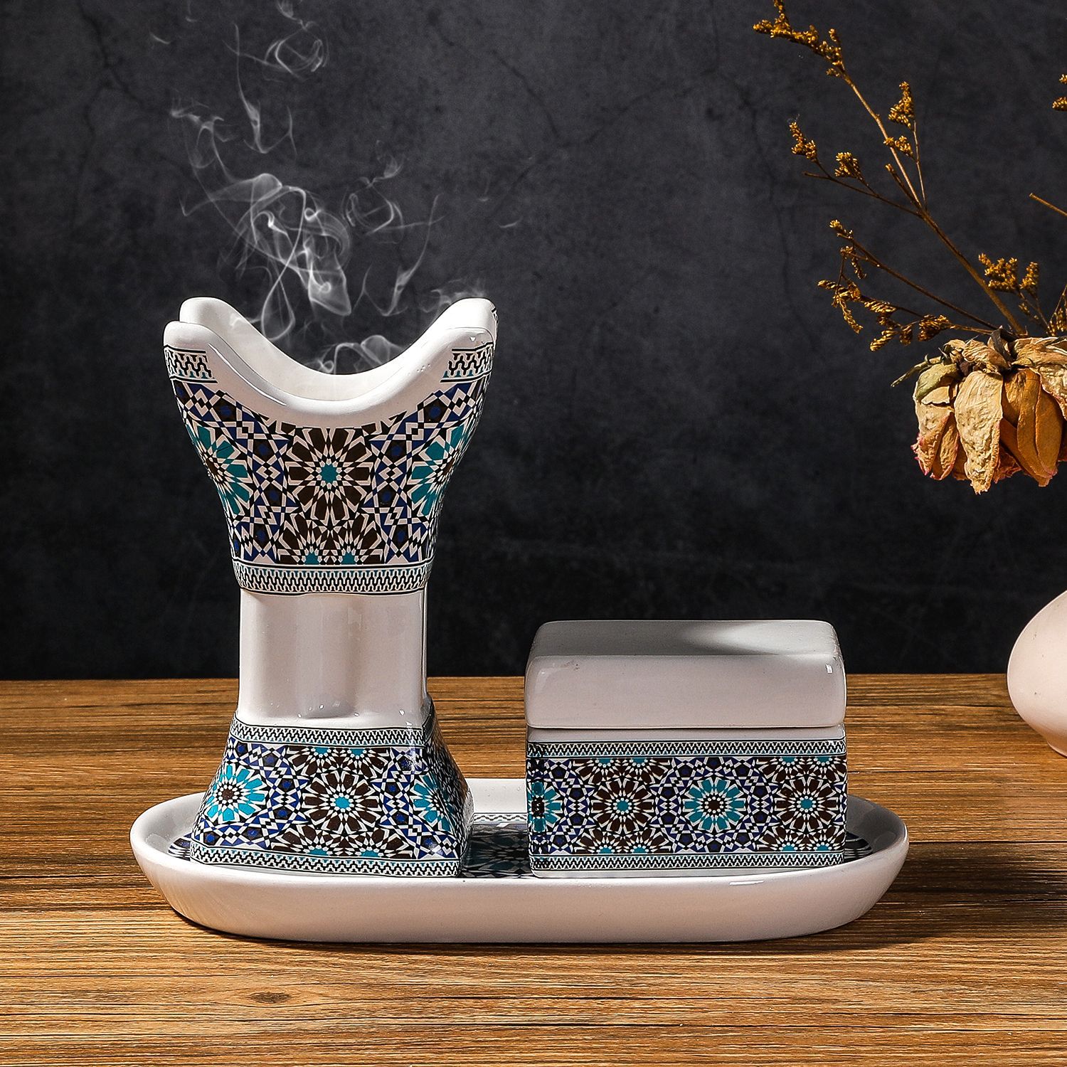 アラビア陶磁器プリント四角香炉セット中東アフリカ結婚式装飾パ - Incense Holder のレビューと価格