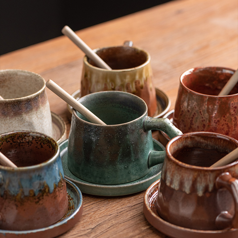 粗陶窯変とソーサーセット手作り日本レトロアートセラミックコー - Japanese Pottery のレビューと価格