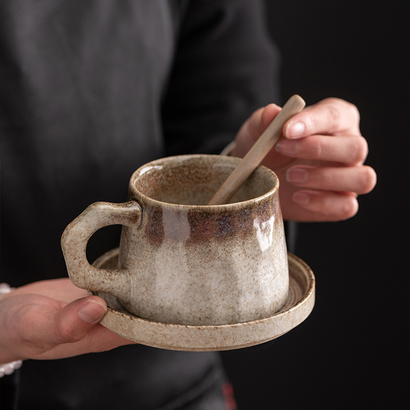 粗陶窯変とソーサーセット手作り日本レトロアートセラミックコー - Japanese Pottery のレビューと価格